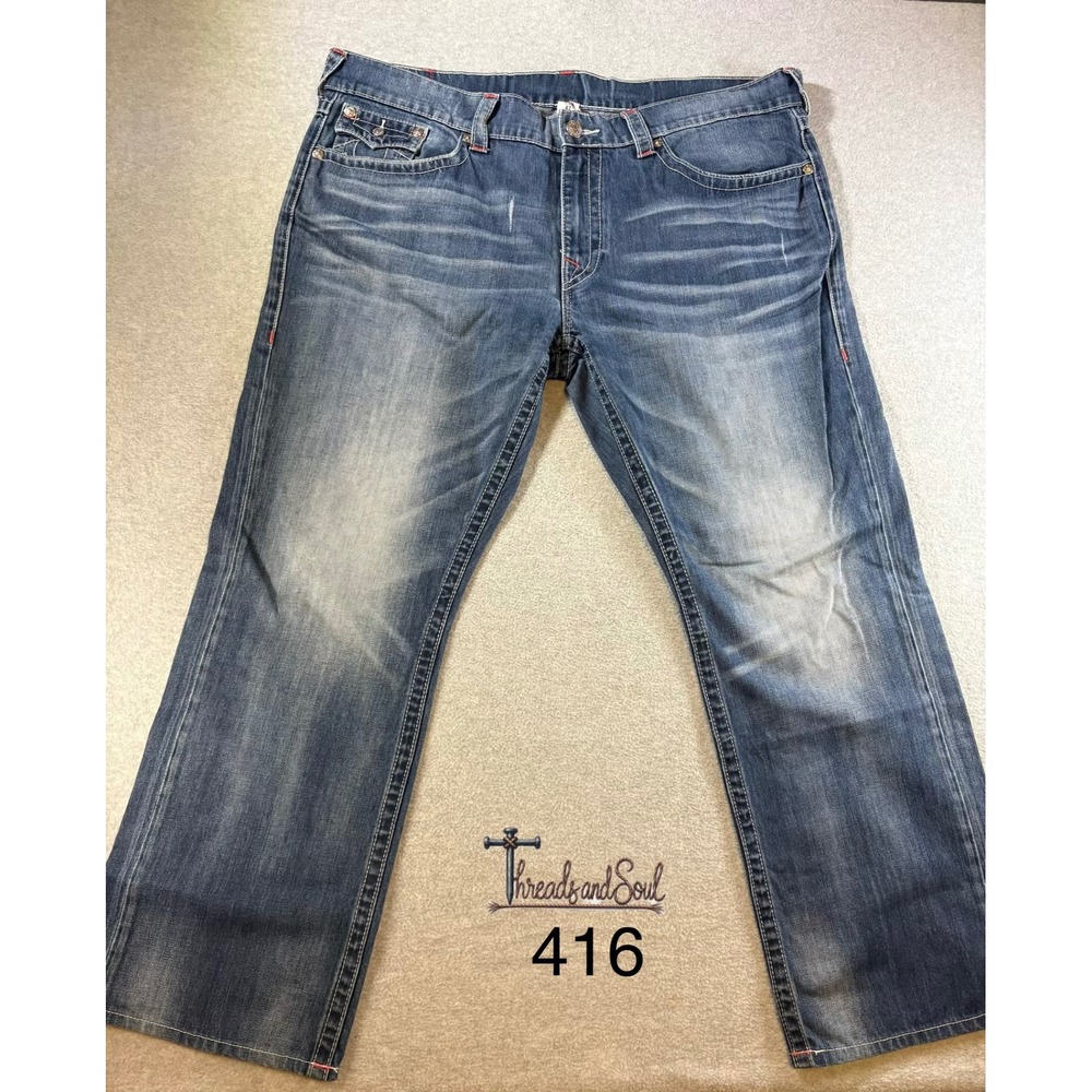 True Religion Ricky Straight Leg Blue Jeans Mens 42 Flap Pockets Whiskered Denim